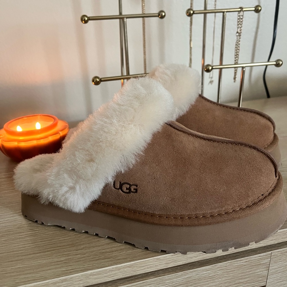 UGG Tan Suede Slippers with Cream Fur